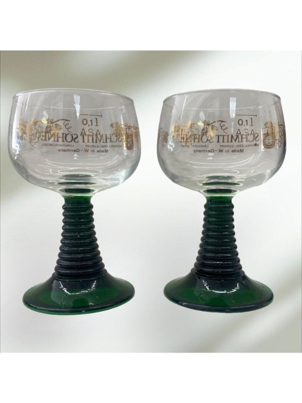Vintage German Wine Glasses Green Beehive Stem Gold Grape Vine Set Of 2 Schmitt